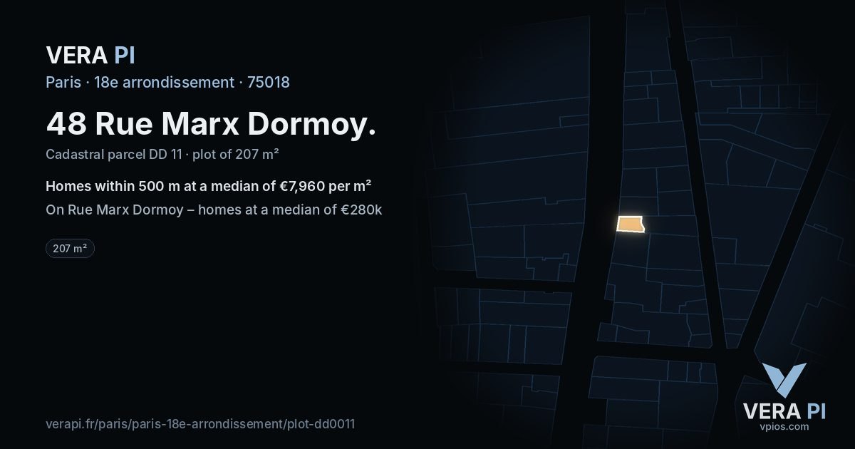 48 Rue Marx Dormoy, 18e arrondissement at night – the plot lit, the parcels around coloured by the prices near them