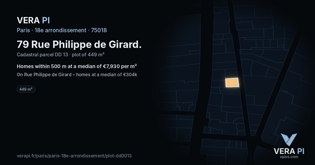 79 Rue Philippe de Girard, 18e arrondissement at night – the plot lit, the parcels around coloured by the prices near them