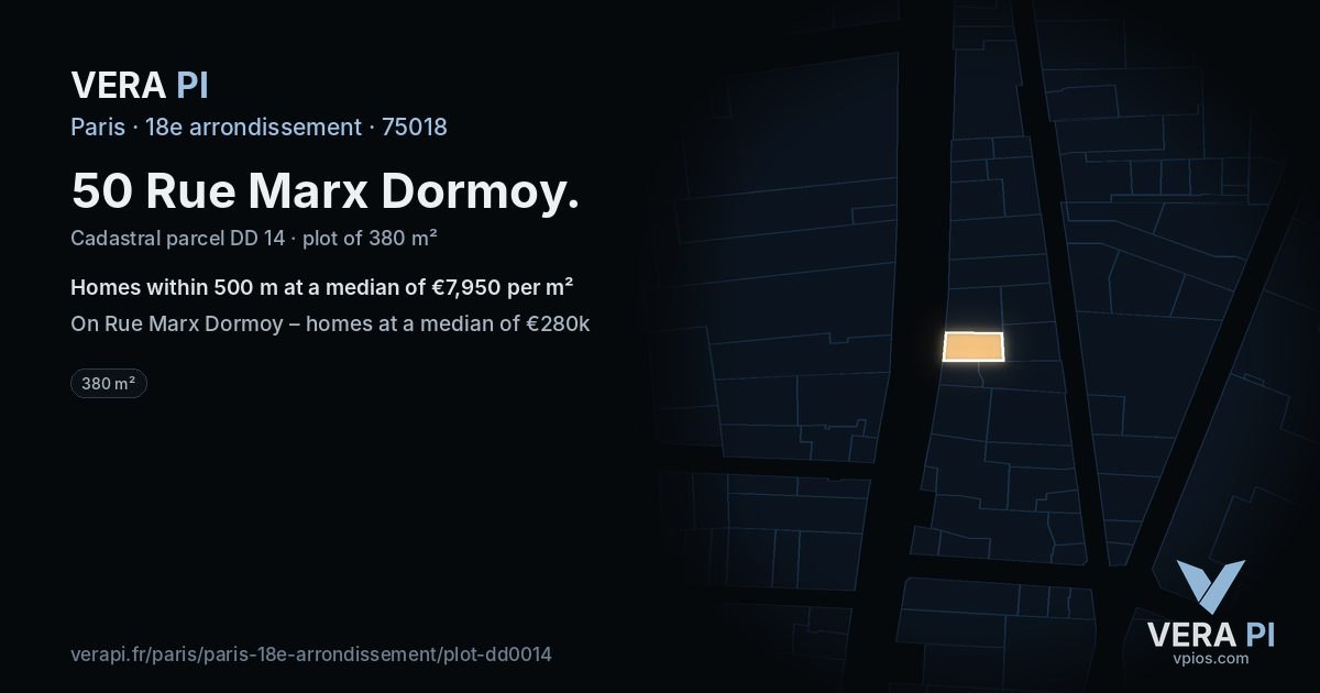 50 Rue Marx Dormoy, 18e arrondissement at night – the plot lit, the parcels around coloured by the prices near them