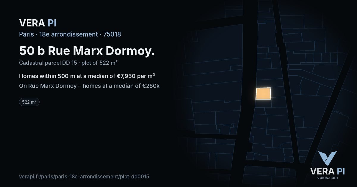 50 b Rue Marx Dormoy, 18e arrondissement at night – the plot lit, the parcels around coloured by the prices near them