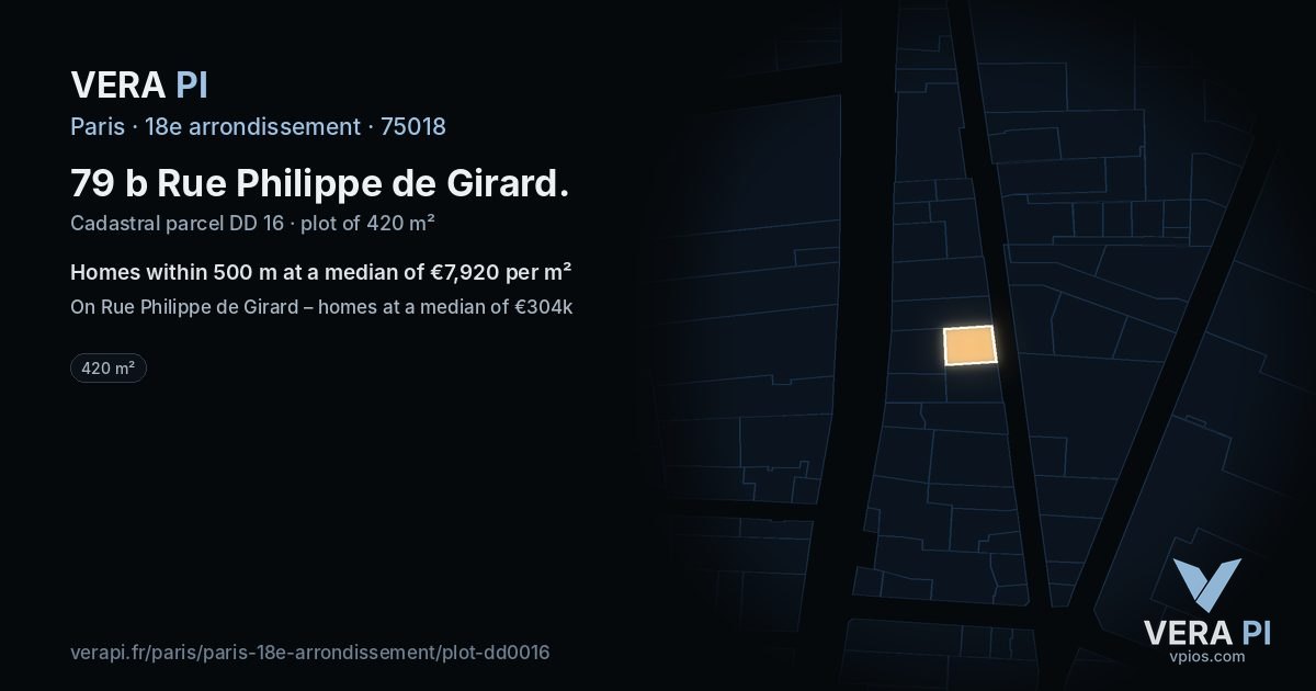 79 b Rue Philippe de Girard, 18e arrondissement at night – the plot lit, the parcels around coloured by the prices near them