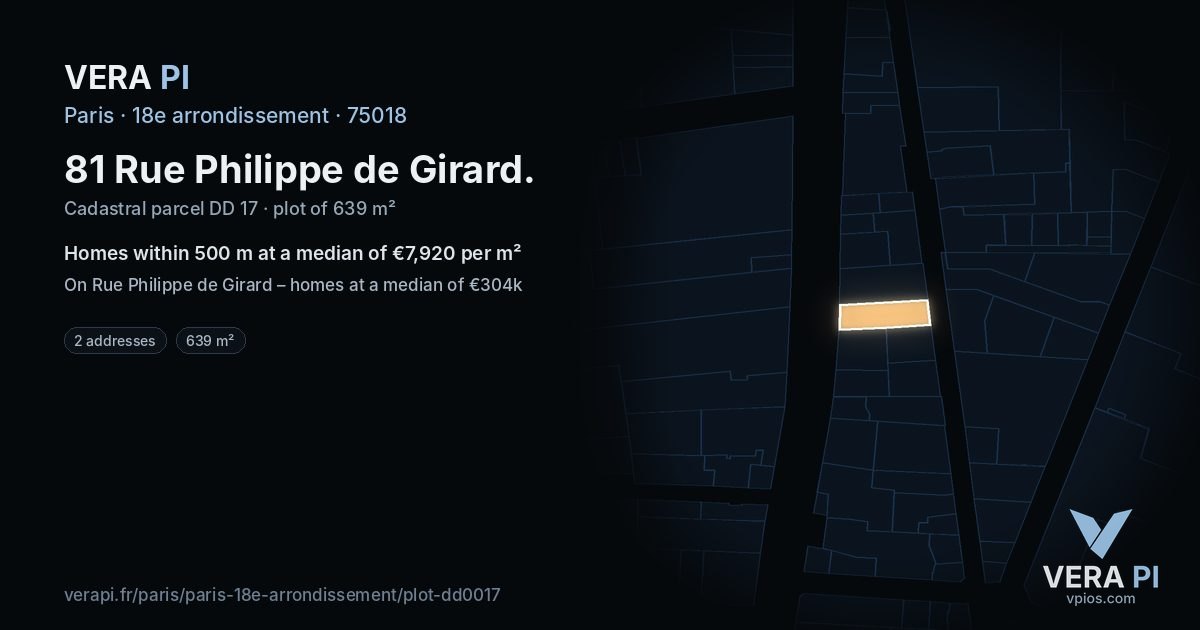 81 Rue Philippe de Girard, 18e arrondissement at night – the plot lit, the parcels around coloured by the prices near them