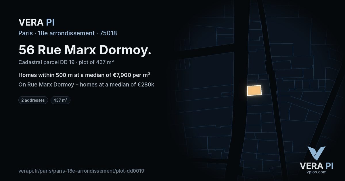 56 Rue Marx Dormoy, 18e arrondissement at night – the plot lit, the parcels around coloured by the prices near them