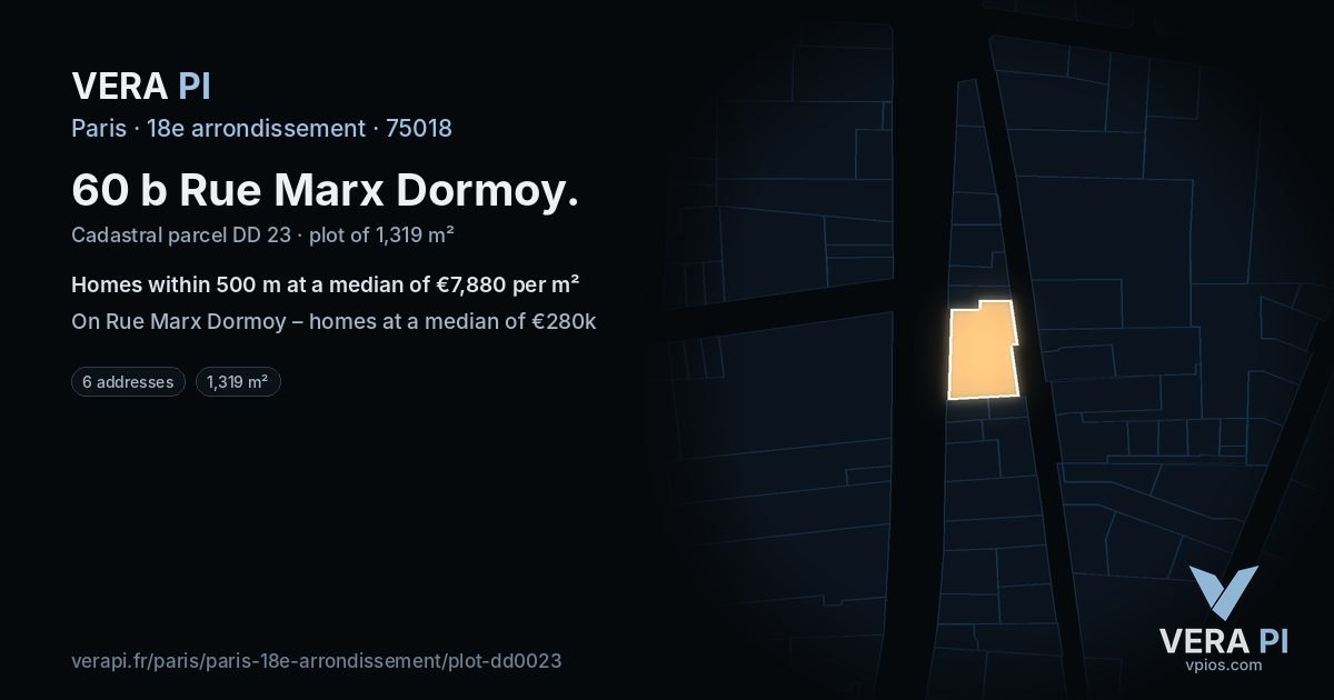 60 b Rue Marx Dormoy, 18e arrondissement at night – the plot lit, the parcels around coloured by the prices near them