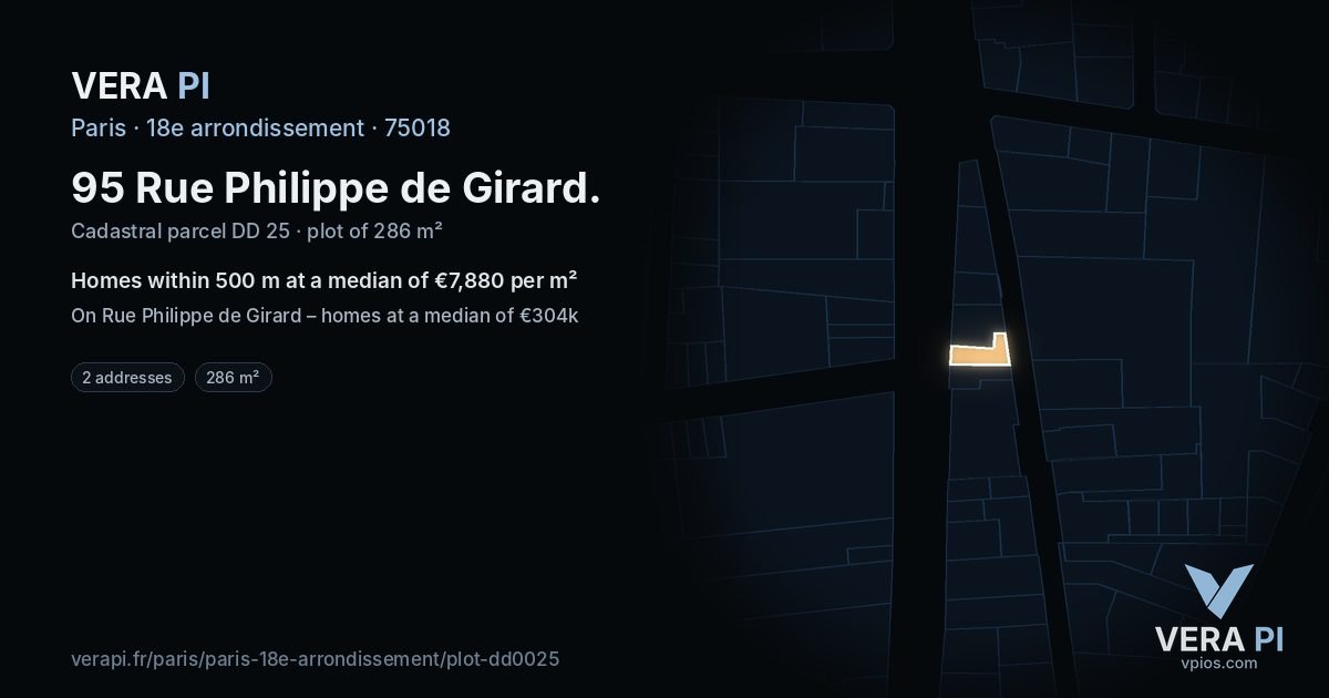 95 Rue Philippe de Girard, 18e arrondissement at night – the plot lit, the parcels around coloured by the prices near them
