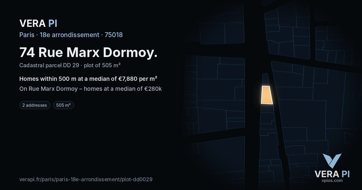 74 Rue Marx Dormoy, 18e arrondissement at night – the plot lit, the parcels around coloured by the prices near them