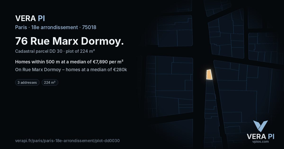 76 Rue Marx Dormoy, 18e arrondissement at night – the plot lit, the parcels around coloured by the prices near them