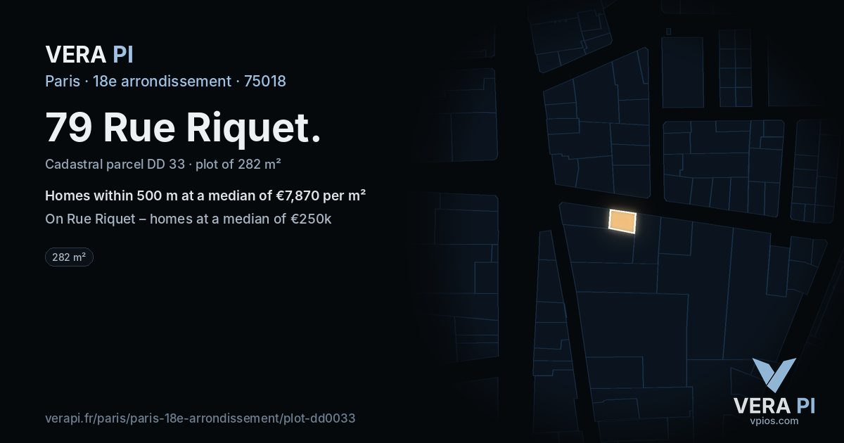 79 Rue Riquet, 18e arrondissement at night – the plot lit, the parcels around coloured by the prices near them