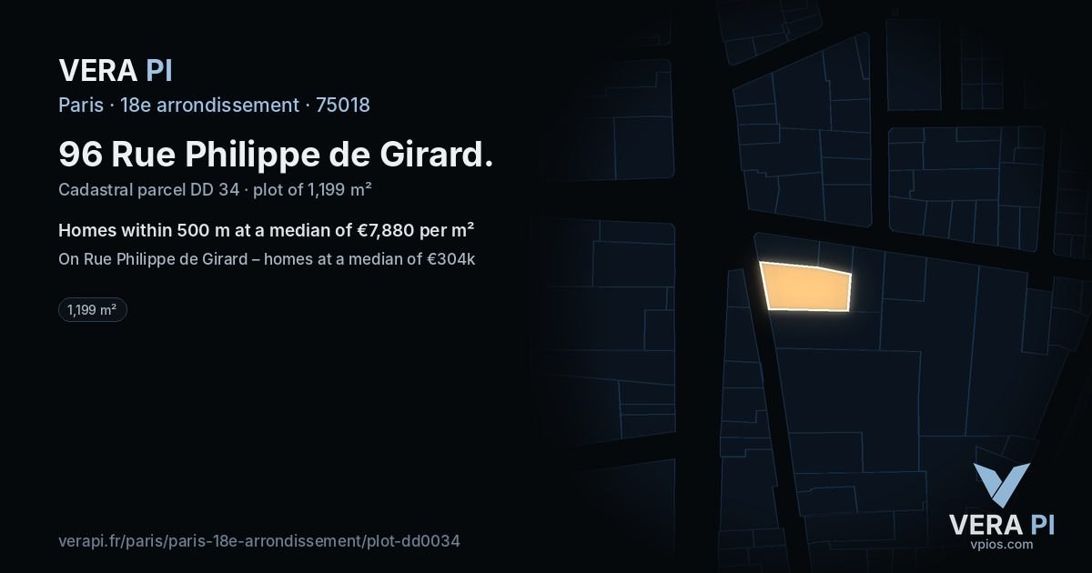 96 Rue Philippe de Girard, 18e arrondissement at night – the plot lit, the parcels around coloured by the prices near them