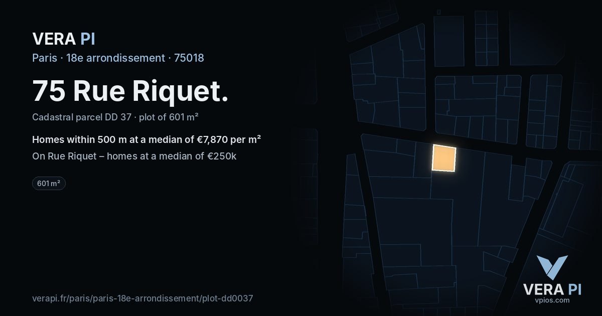 75 Rue Riquet, 18e arrondissement at night – the plot lit, the parcels around coloured by the prices near them