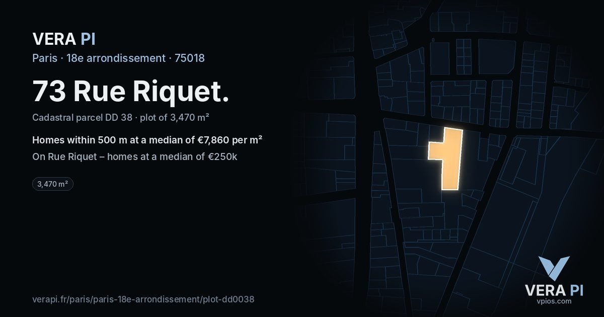 73 Rue Riquet, 18e arrondissement at night – the plot lit, the parcels around coloured by the prices near them
