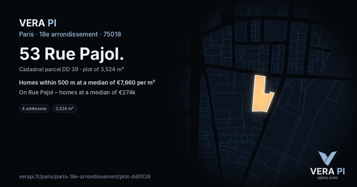 53 Rue Pajol, 18e arrondissement at night – the plot lit, the parcels around coloured by the prices near them