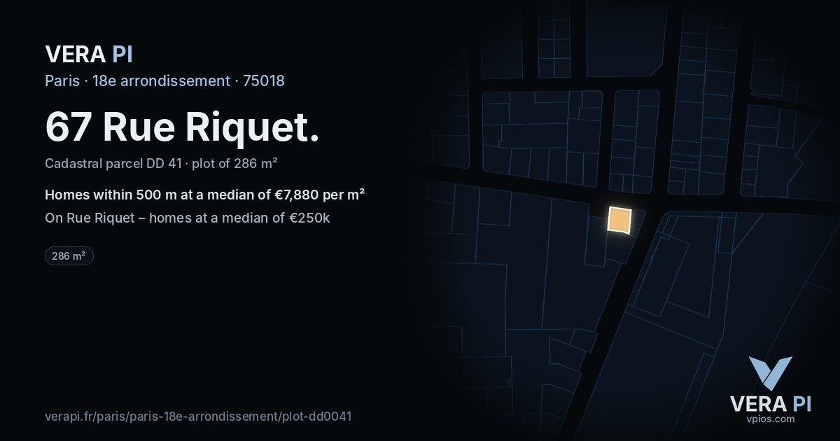 67 Rue Riquet, 18e arrondissement at night – the plot lit, the parcels around coloured by the prices near them