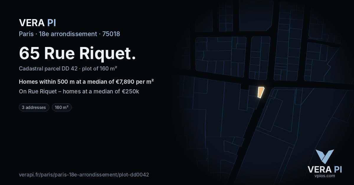 65 Rue Riquet, 18e arrondissement at night – the plot lit, the parcels around coloured by the prices near them