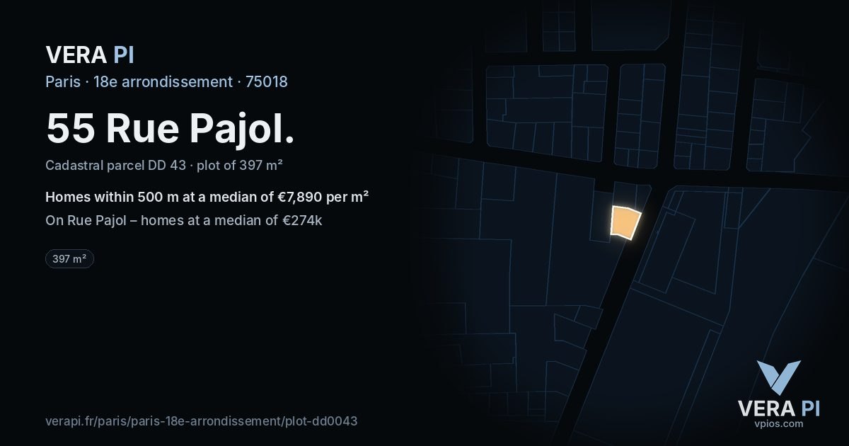 55 Rue Pajol, 18e arrondissement at night – the plot lit, the parcels around coloured by the prices near them