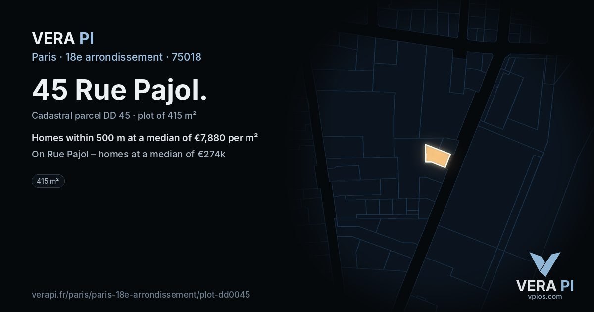 45 Rue Pajol, 18e arrondissement at night – the plot lit, the parcels around coloured by the prices near them