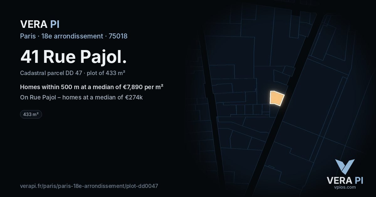 41 Rue Pajol, 18e arrondissement at night – the plot lit, the parcels around coloured by the prices near them