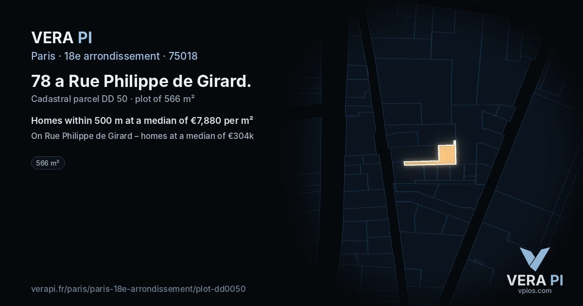78 a Rue Philippe de Girard, 18e arrondissement at night – the plot lit, the parcels around coloured by the prices near them