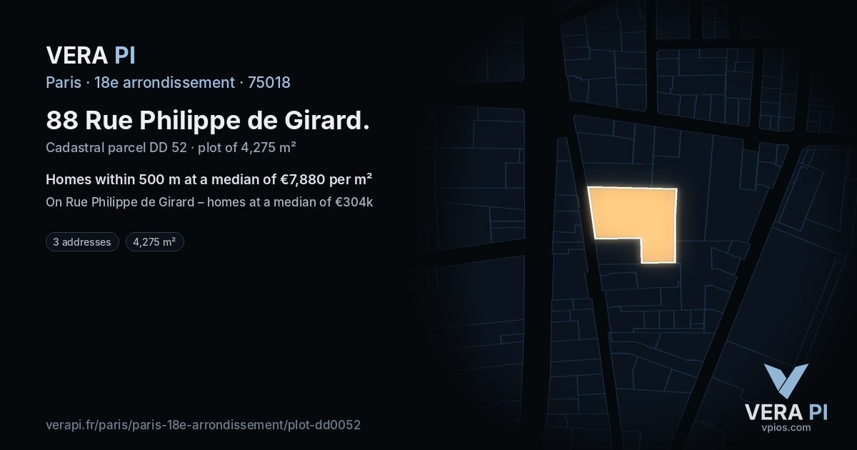 88 Rue Philippe de Girard, 18e arrondissement at night – the plot lit, the parcels around coloured by the prices near them