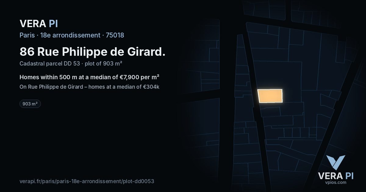 86 Rue Philippe de Girard, 18e arrondissement at night – the plot lit, the parcels around coloured by the prices near them