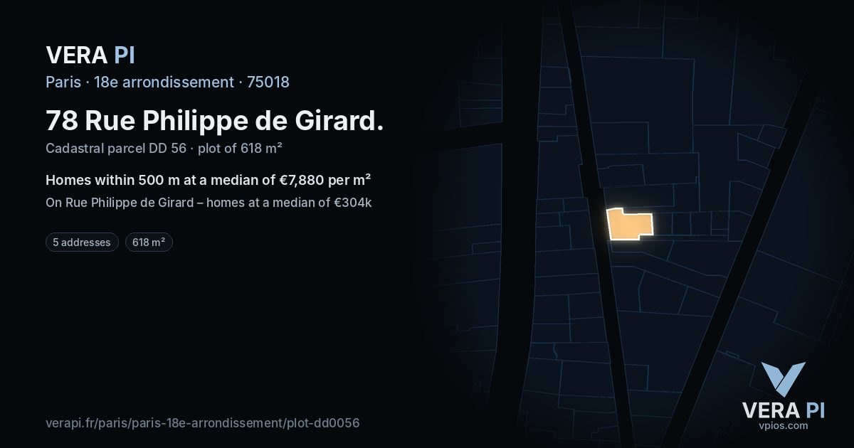 78 Rue Philippe de Girard, 18e arrondissement at night – the plot lit, the parcels around coloured by the prices near them