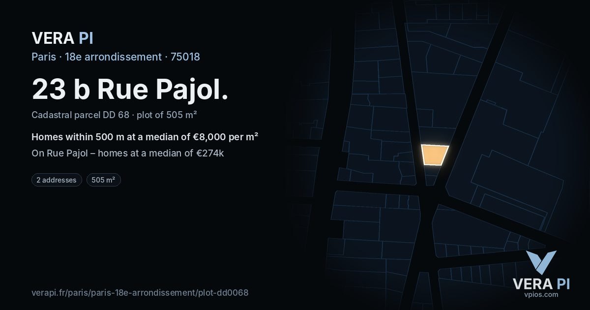 23 b Rue Pajol, 18e arrondissement at night – the plot lit, the parcels around coloured by the prices near them