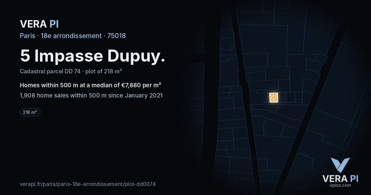 5 Impasse Dupuy, 18e arrondissement at night – the plot lit, the parcels around coloured by the prices near them