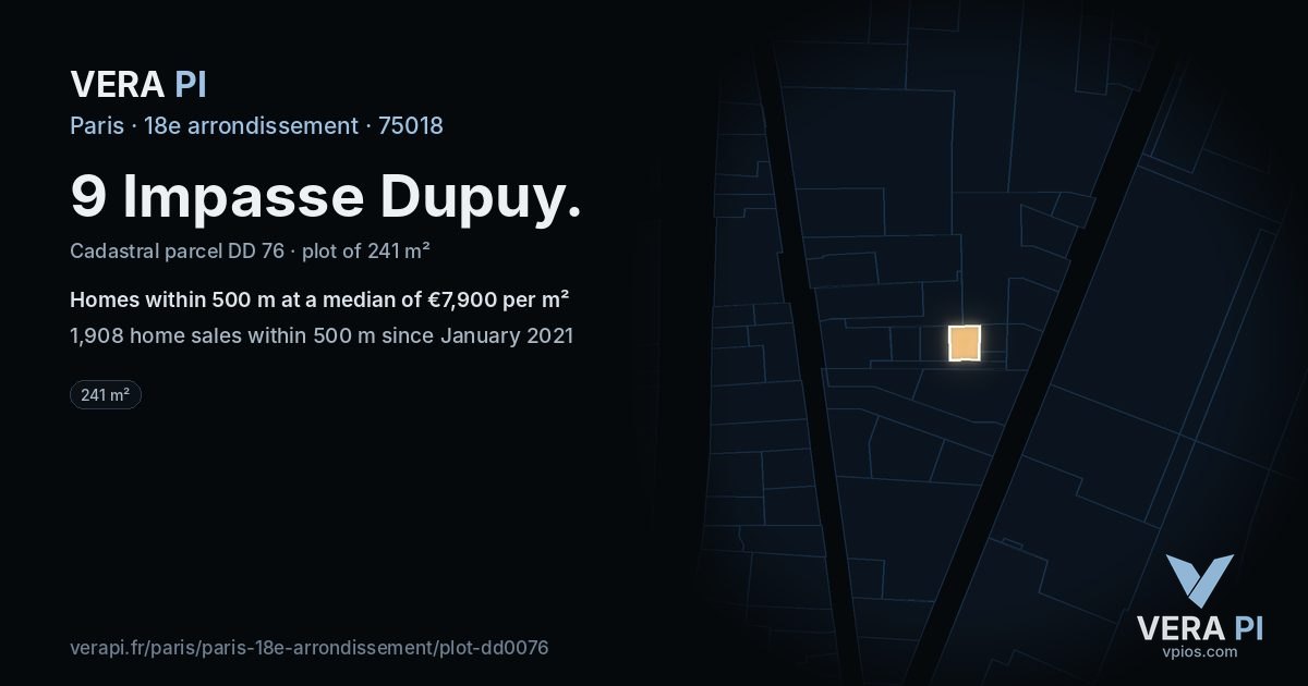 9 Impasse Dupuy, 18e arrondissement at night – the plot lit, the parcels around coloured by the prices near them