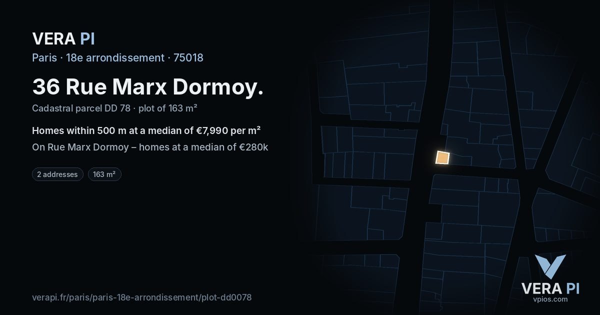 36 Rue Marx Dormoy, 18e arrondissement at night – the plot lit, the parcels around coloured by the prices near them