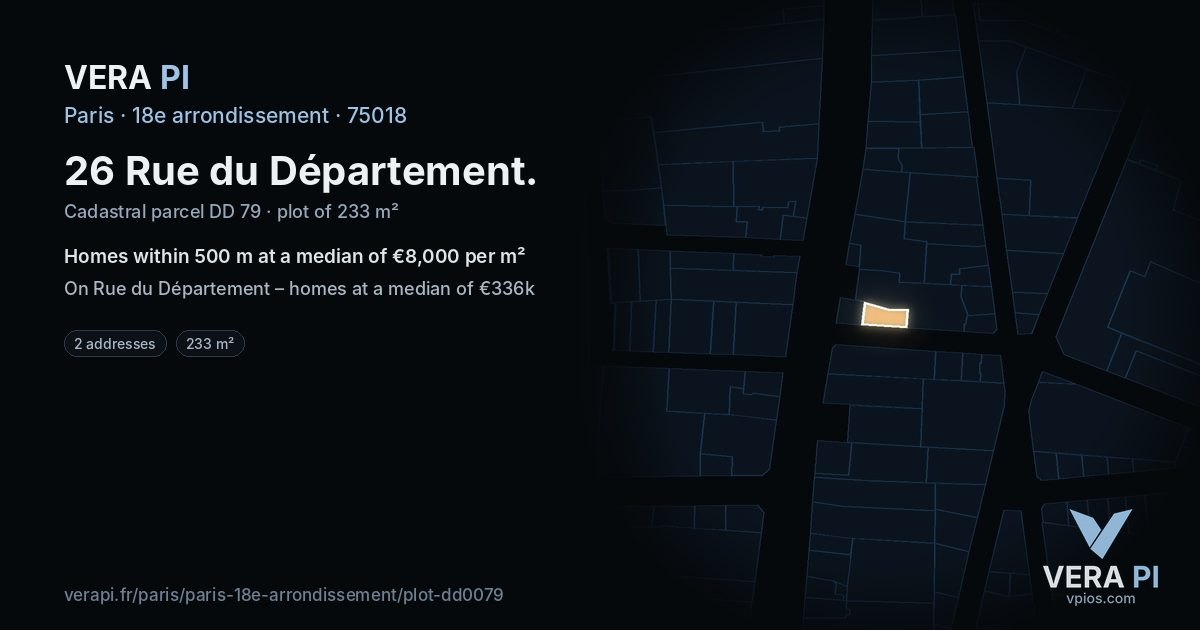 26 Rue du Département, 18e arrondissement at night – the plot lit, the parcels around coloured by the prices near them