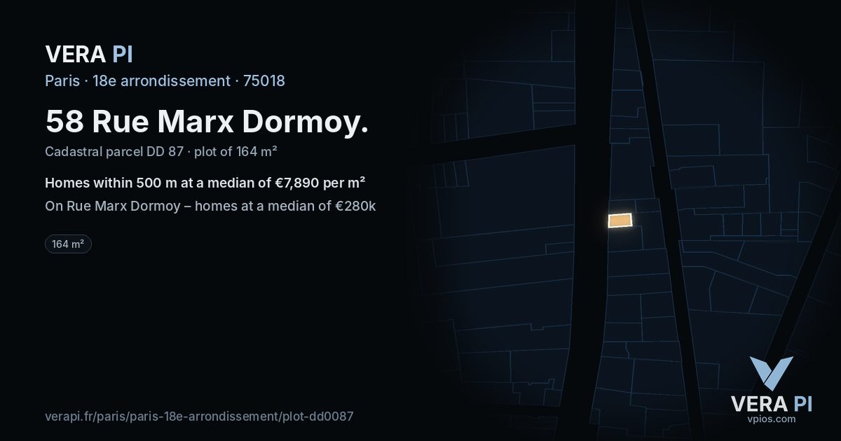 58 Rue Marx Dormoy, 18e arrondissement at night – the plot lit, the parcels around coloured by the prices near them