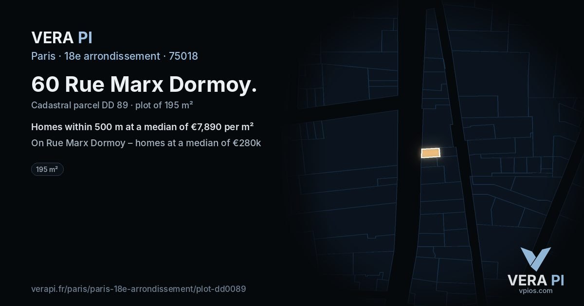 60 Rue Marx Dormoy, 18e arrondissement at night – the plot lit, the parcels around coloured by the prices near them