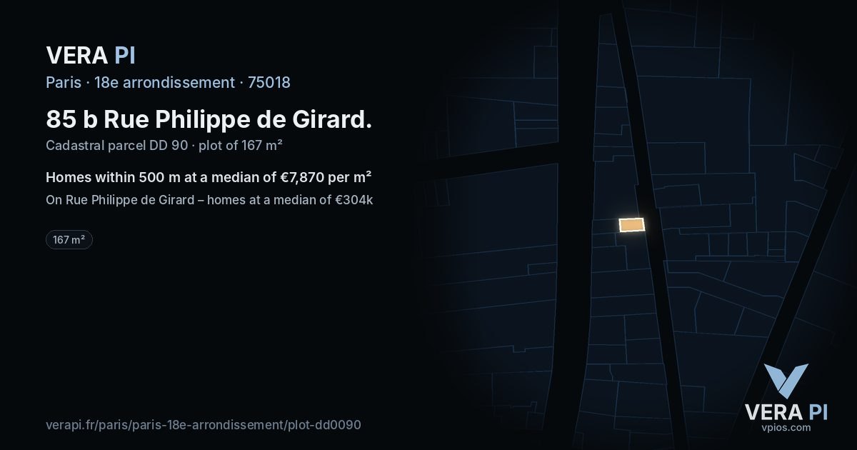 85 b Rue Philippe de Girard, 18e arrondissement at night – the plot lit, the parcels around coloured by the prices near them