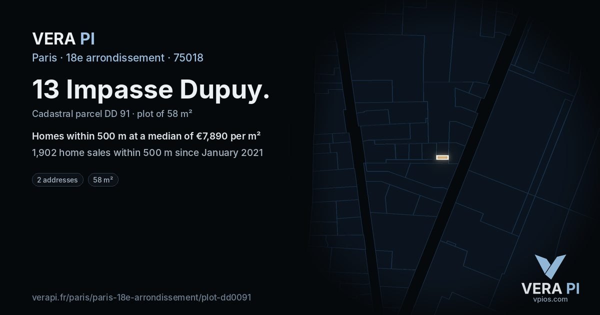 13 Impasse Dupuy, 18e arrondissement at night – the plot lit, the parcels around coloured by the prices near them