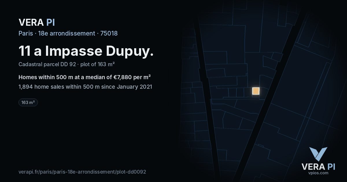 11 a Impasse Dupuy, 18e arrondissement at night – the plot lit, the parcels around coloured by the prices near them
