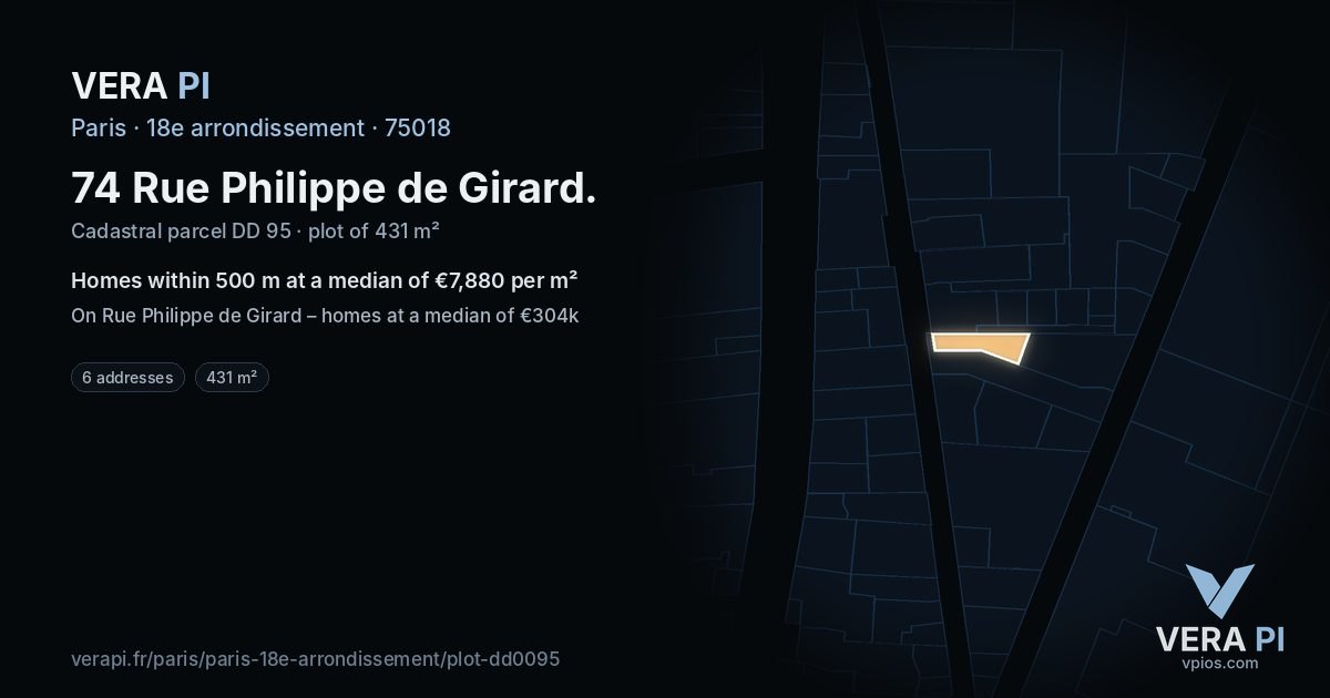 74 Rue Philippe de Girard, 18e arrondissement at night – the plot lit, the parcels around coloured by the prices near them
