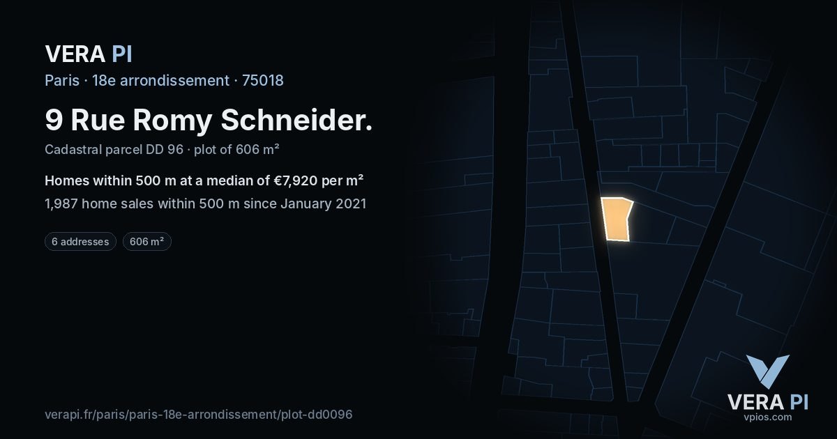 9 Rue Romy Schneider, 18e arrondissement at night – the plot lit, the parcels around coloured by the prices near them