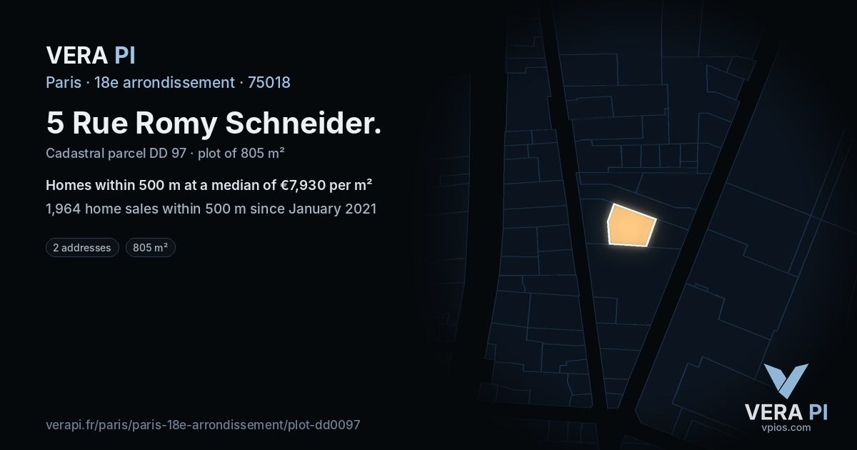 5 Rue Romy Schneider, 18e arrondissement at night – the plot lit, the parcels around coloured by the prices near them