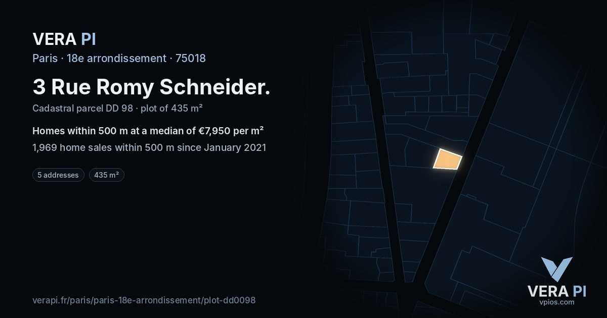 3 Rue Romy Schneider, 18e arrondissement at night – the plot lit, the parcels around coloured by the prices near them