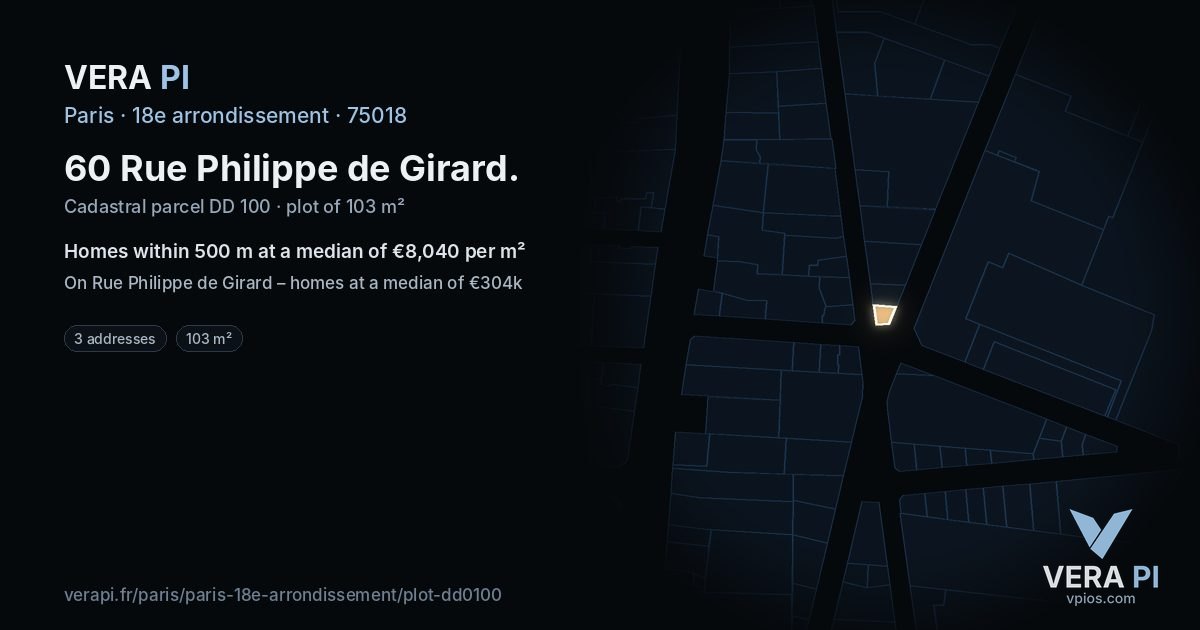 60 Rue Philippe de Girard, 18e arrondissement at night – the plot lit, the parcels around coloured by the prices near them