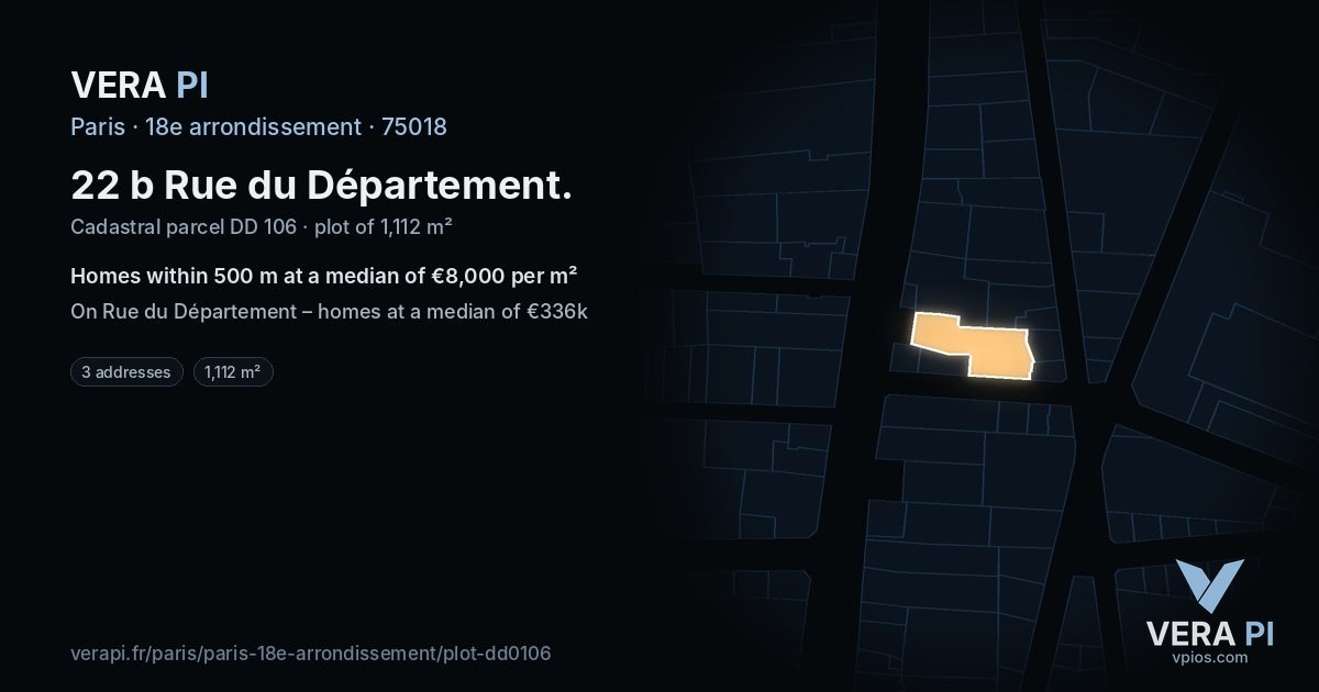 22 b Rue du Département, 18e arrondissement at night – the plot lit, the parcels around coloured by the prices near them