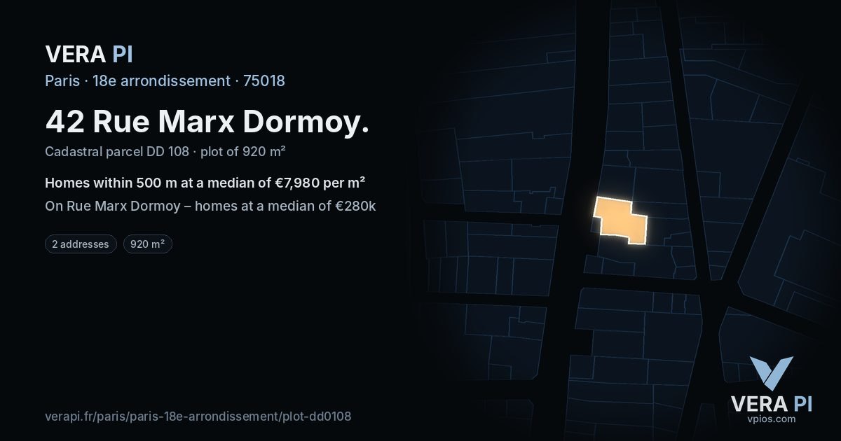 42 Rue Marx Dormoy, 18e arrondissement at night – the plot lit, the parcels around coloured by the prices near them