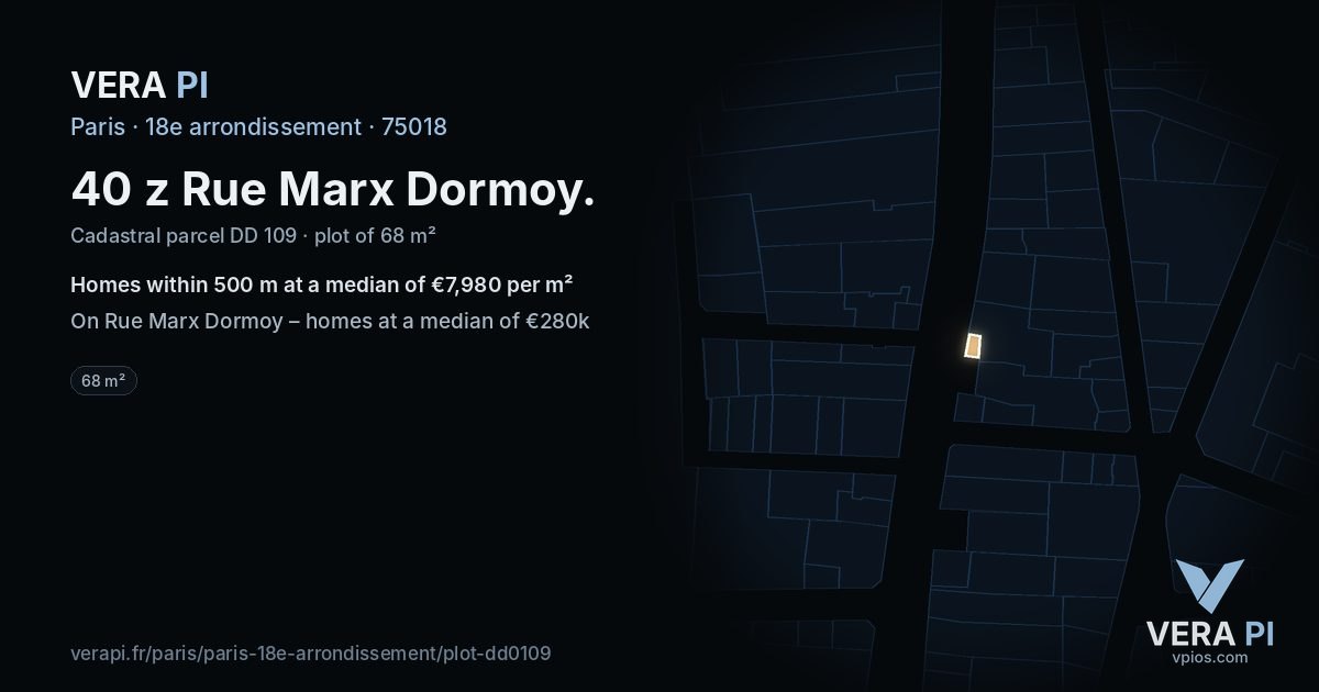 40 z Rue Marx Dormoy, 18e arrondissement at night – the plot lit, the parcels around coloured by the prices near them