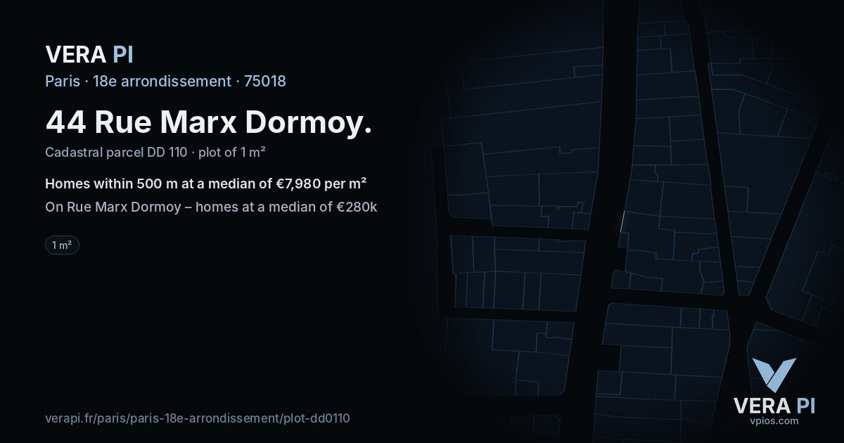 44 Rue Marx Dormoy, 18e arrondissement at night – the plot lit, the parcels around coloured by the prices near them