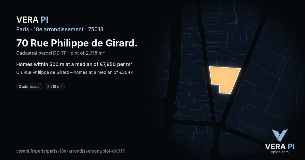 70 Rue Philippe de Girard, 18e arrondissement at night – the plot lit, the parcels around coloured by the prices near them