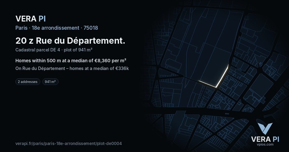 20 z Rue du Département, 18e arrondissement at night – the plot lit, the parcels around coloured by the prices near them