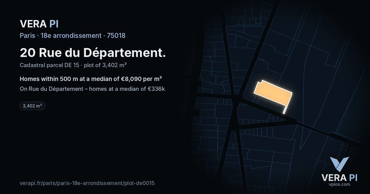 20 Rue du Département, 18e arrondissement at night – the plot lit, the parcels around coloured by the prices near them