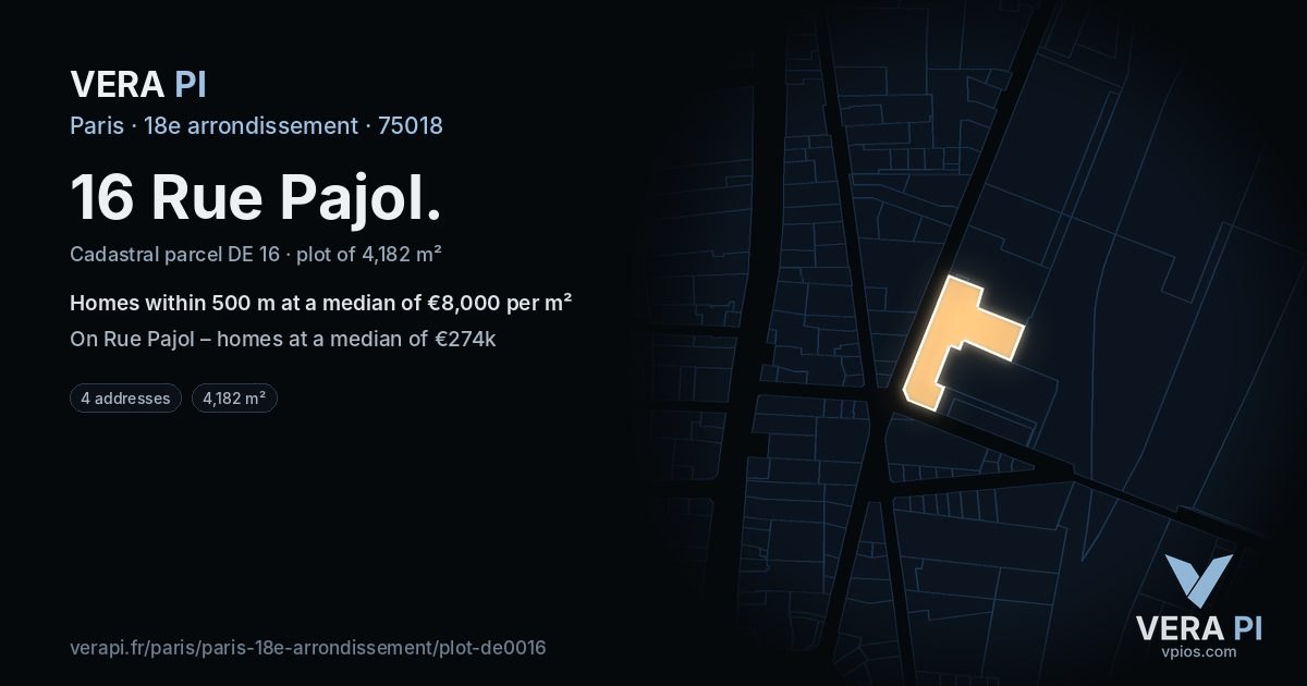 16 Rue Pajol, 18e arrondissement at night – the plot lit, the parcels around coloured by the prices near them