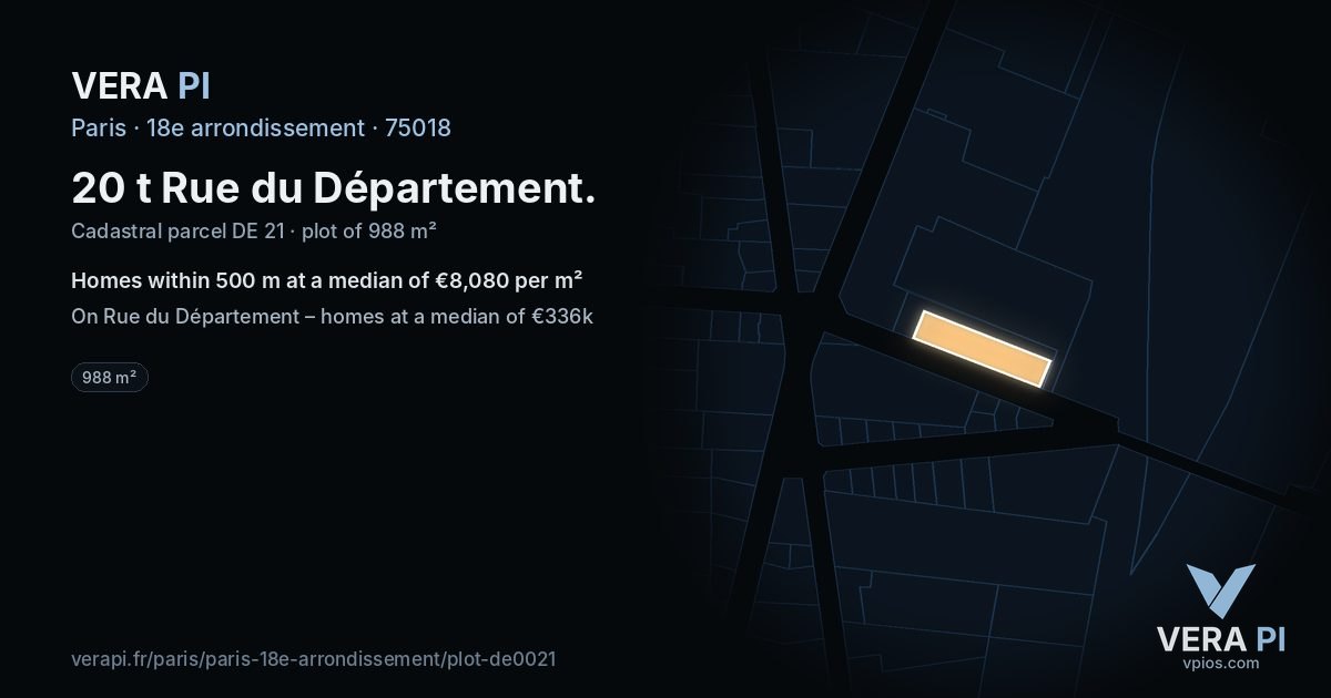 20 t Rue du Département, 18e arrondissement at night – the plot lit, the parcels around coloured by the prices near them
