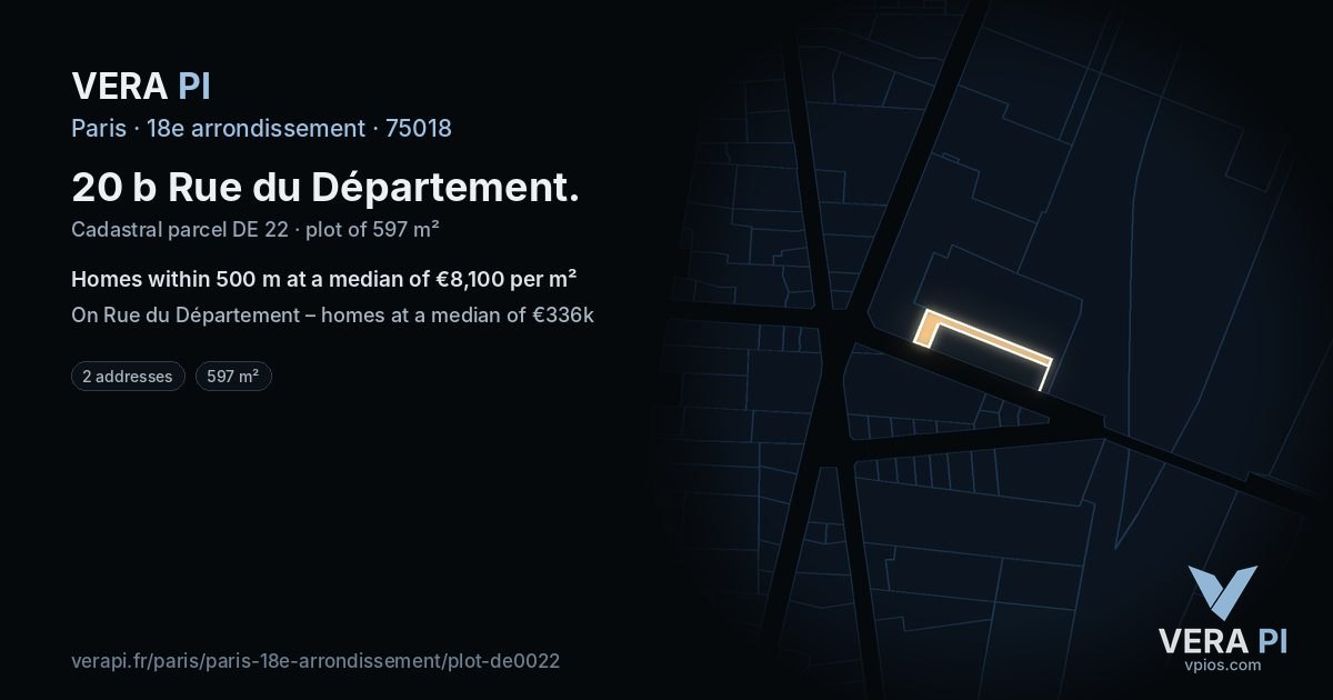 20 b Rue du Département, 18e arrondissement at night – the plot lit, the parcels around coloured by the prices near them